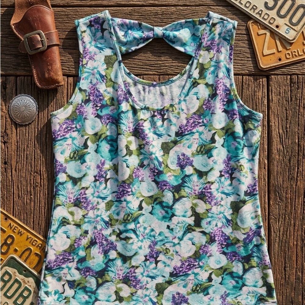 Roz & Ali Floral Tie-Back Tank Top in Blue, Purple & Green